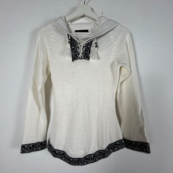 Womens Alpaca Hooded Sweater White Inca Pattern Knit Lace-Up Tassel Pullover - Picture 1 of 6